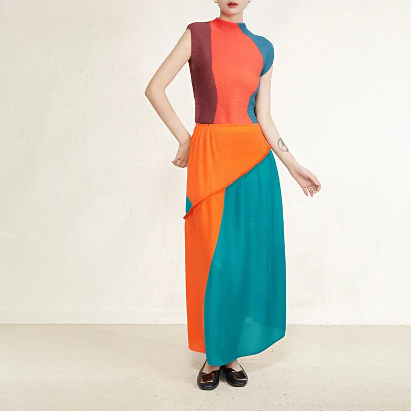 Miyake Pleated Contrast Sleeveless Top and Patchwork Skirt Set