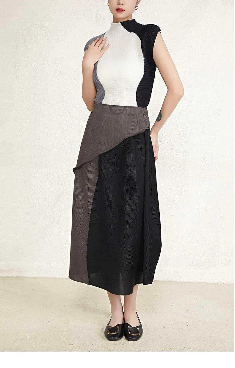 Miyake Pleated Contrast Sleeveless Top and Patchwork Skirt Set