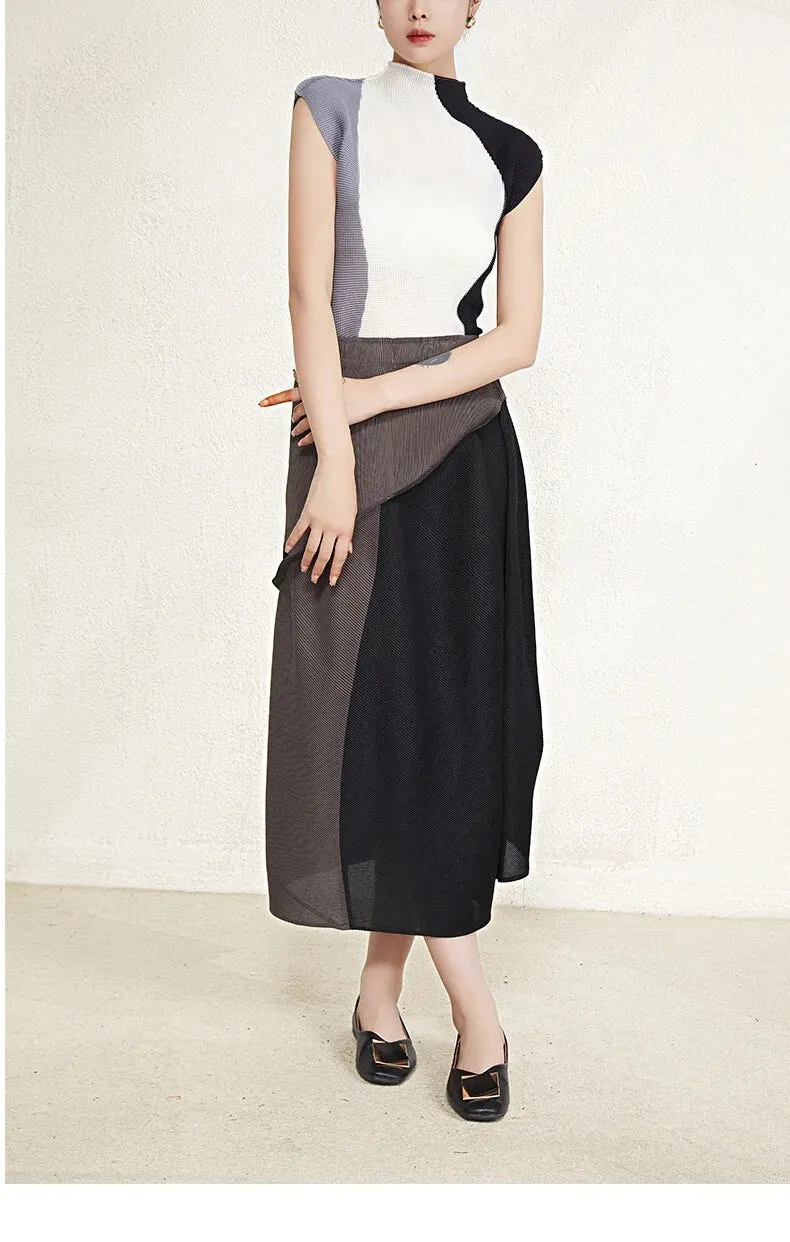 Miyake Pleated Contrast Sleeveless Top and Patchwork Skirt Set