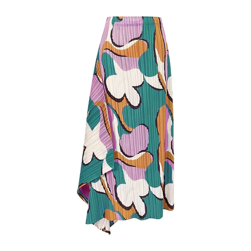 Miyake Pleated Floral Print Asymmetrical Skirt