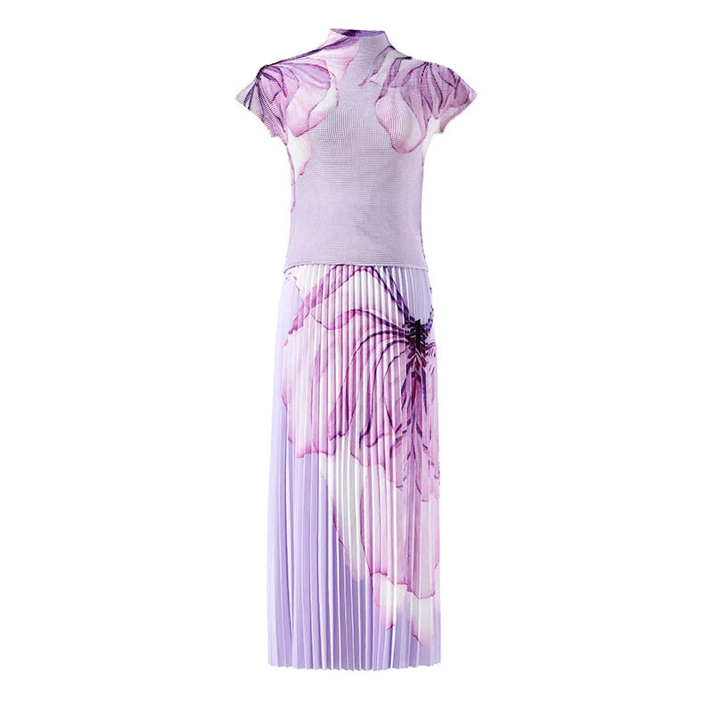 Miyake Pleated Floral Print Top & Midi Skirt