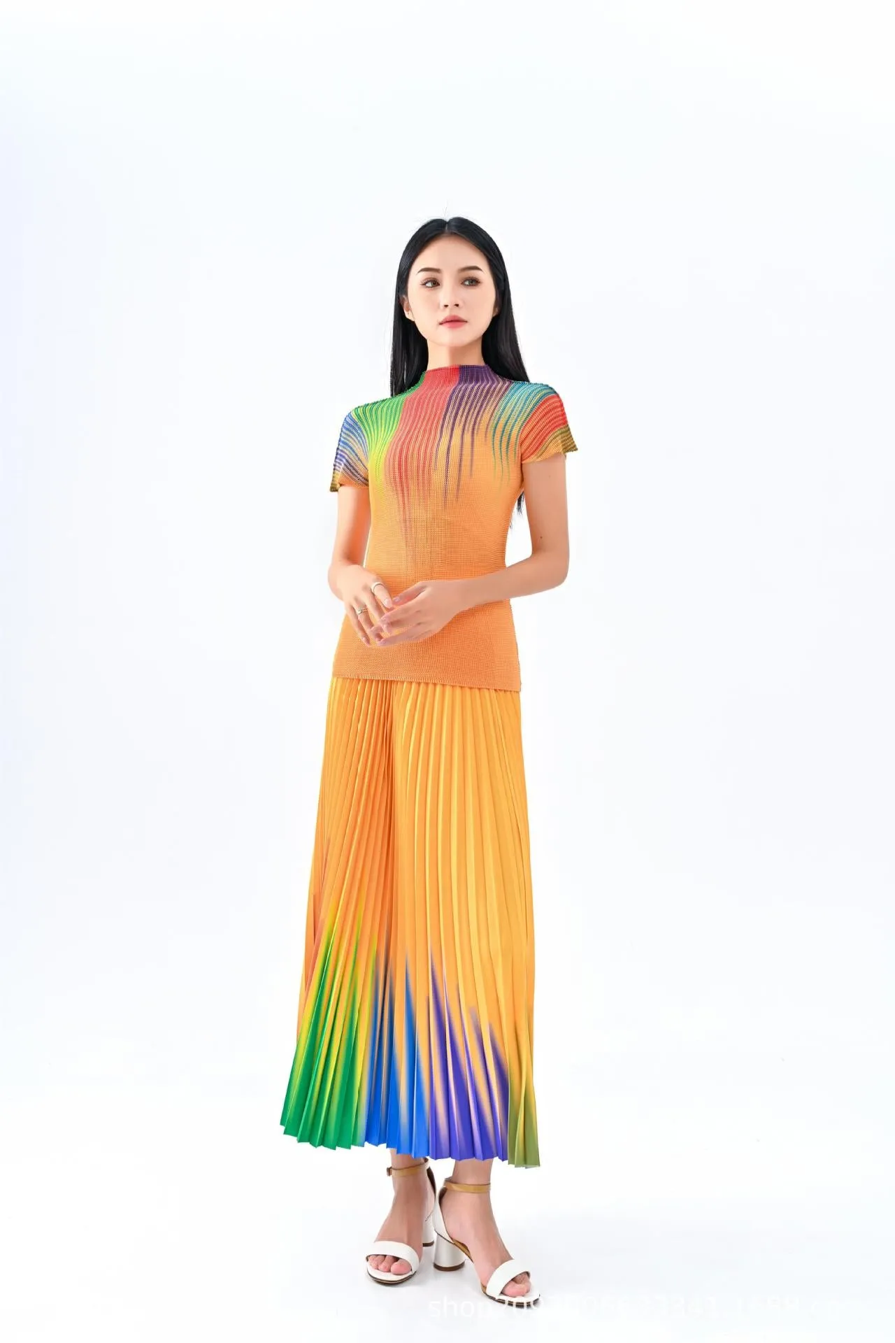 Miyake Pleated Gradient T-Shirt & Long Skirt Set