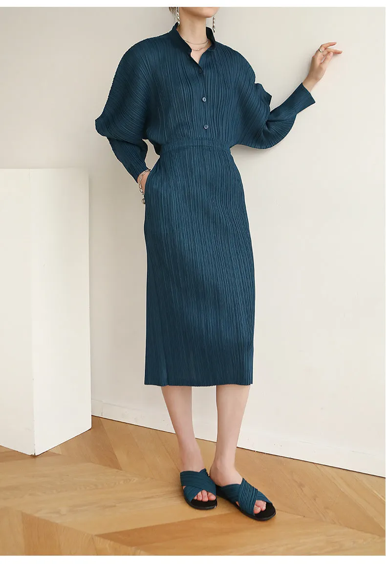 Miyake Pleated Horn Sleeve Shirt and Midi Skirt Set