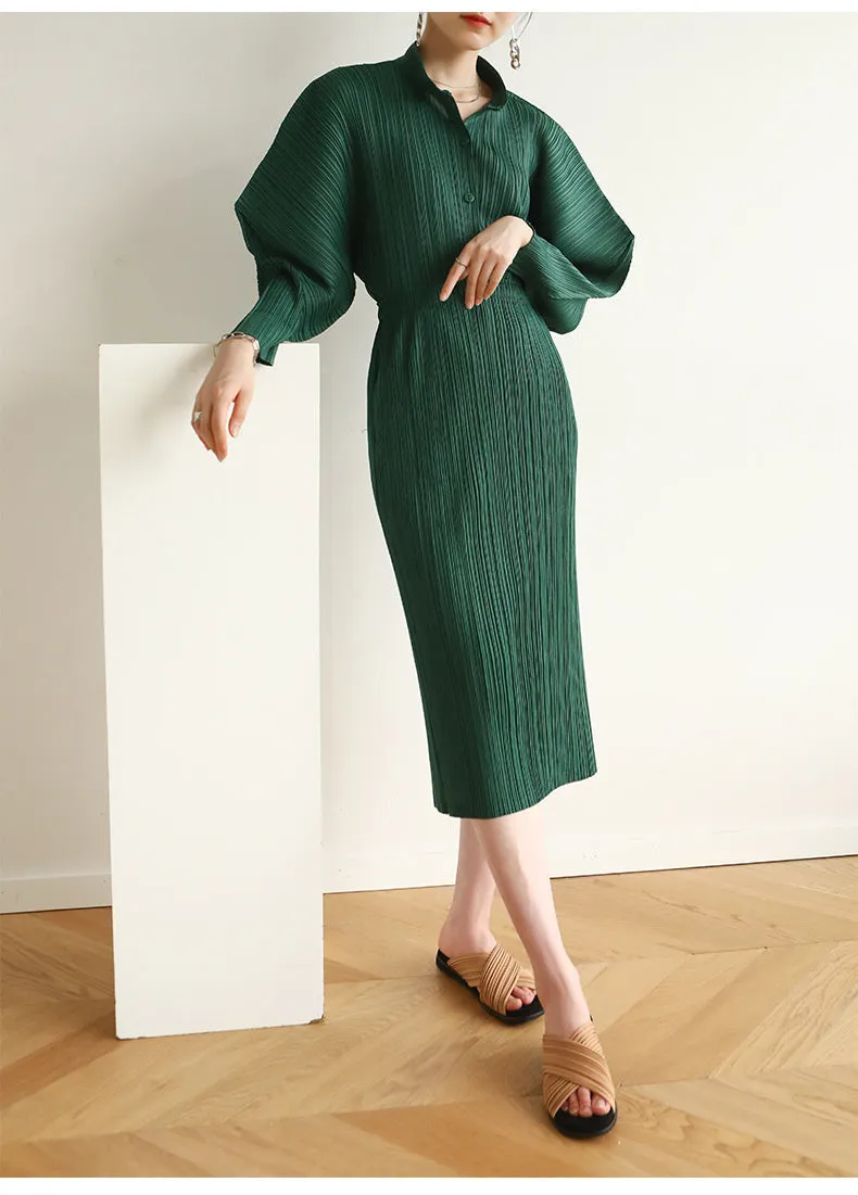 Miyake Pleated Horn Sleeve Shirt and Midi Skirt Set