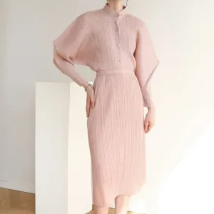 Miyake Pleated Horn Sleeve Shirt and Midi Skirt Set