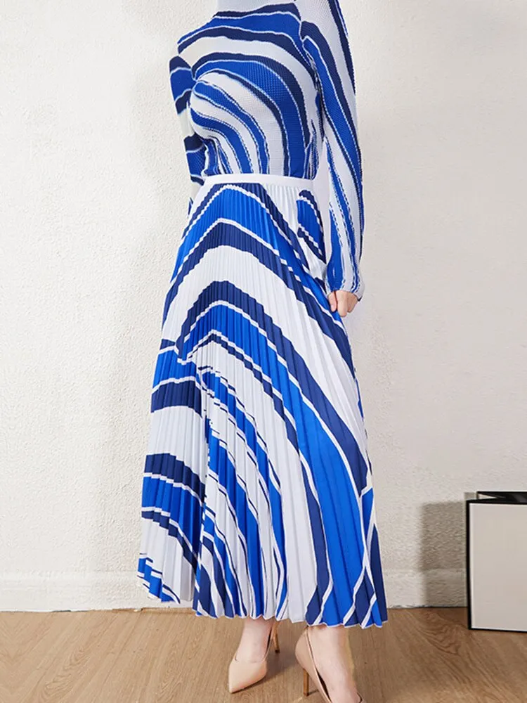 MIyake Pleated Striped Top & Long Skirt Set