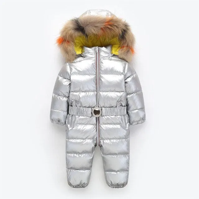 MOF Kids children winter jumpsuit white duck down fill metallic