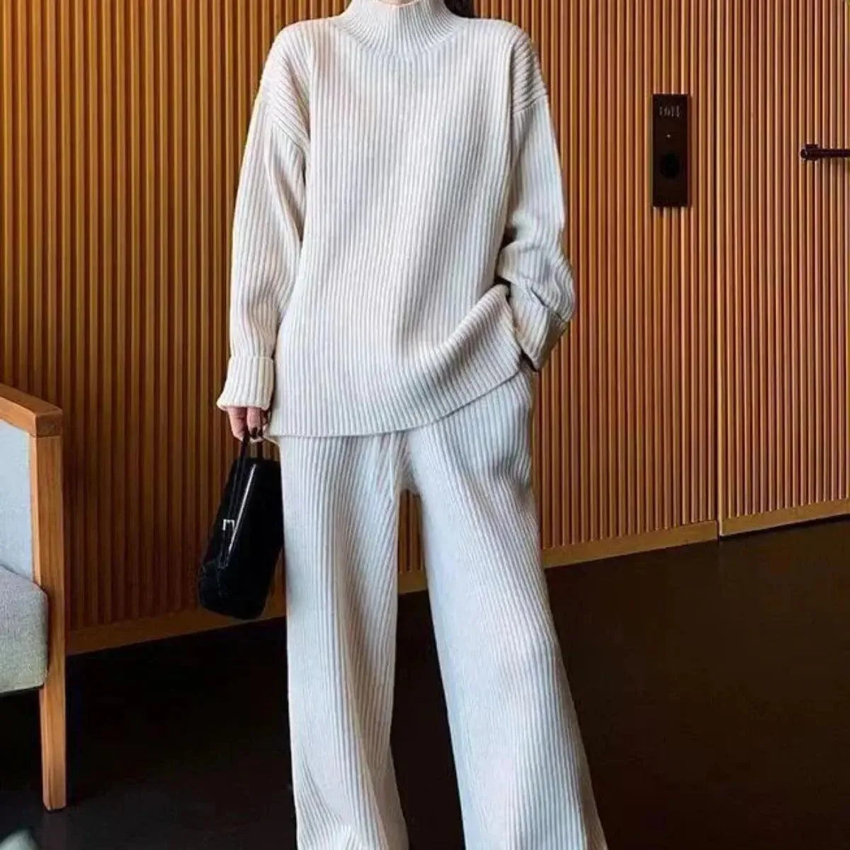 MS018 2 Piece Outfits Casual Loose Turtleneck Long Sleeve Knit Top and Wide Leg Pants