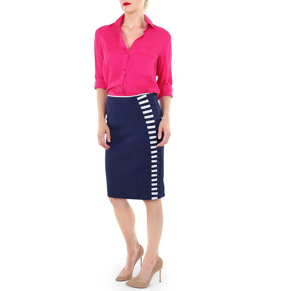 Navy Bonded Neoprene Pencil Skirt