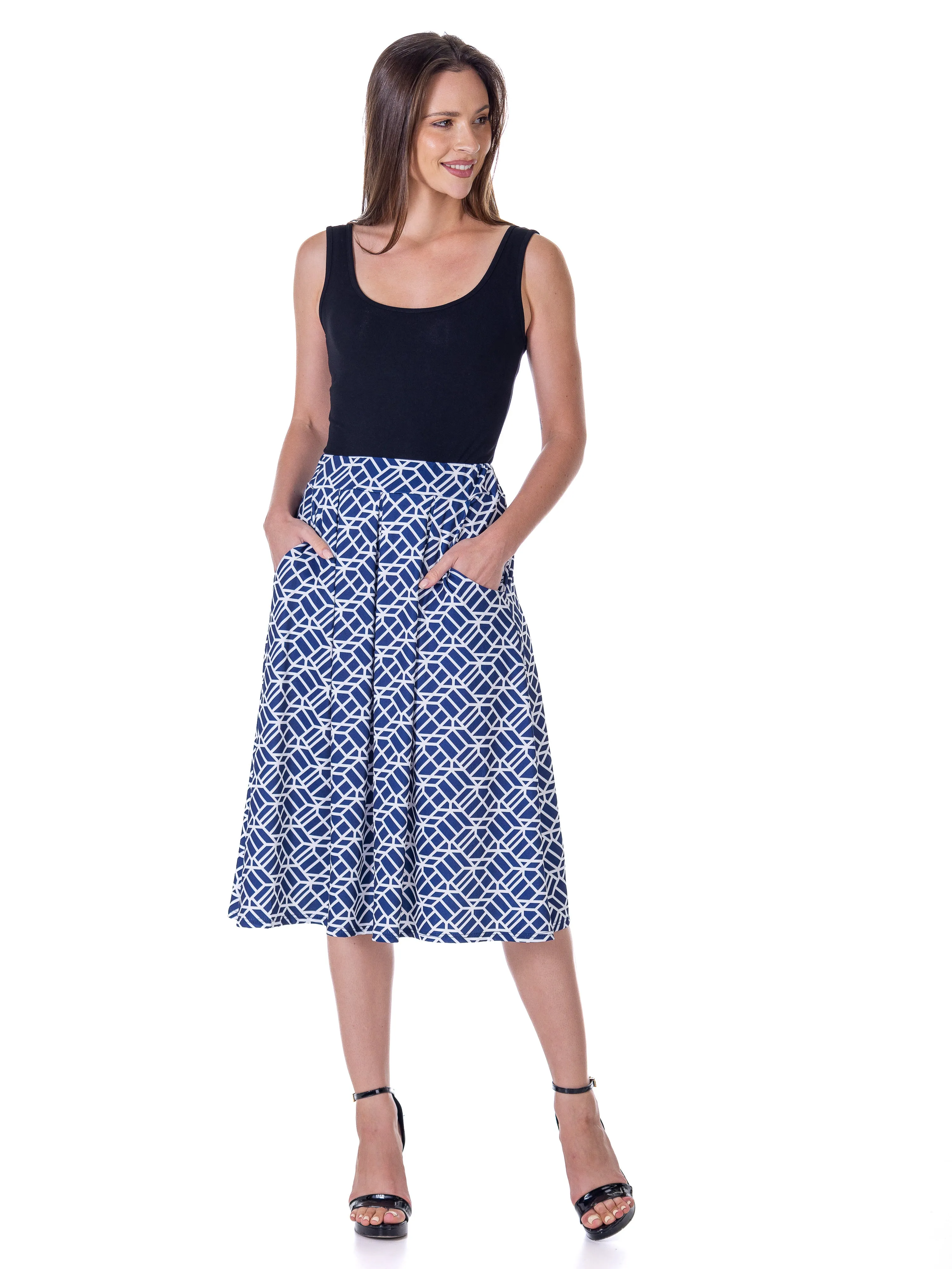 Navy Print Elastic Waist Pleated Knee Length Pocket Skirt