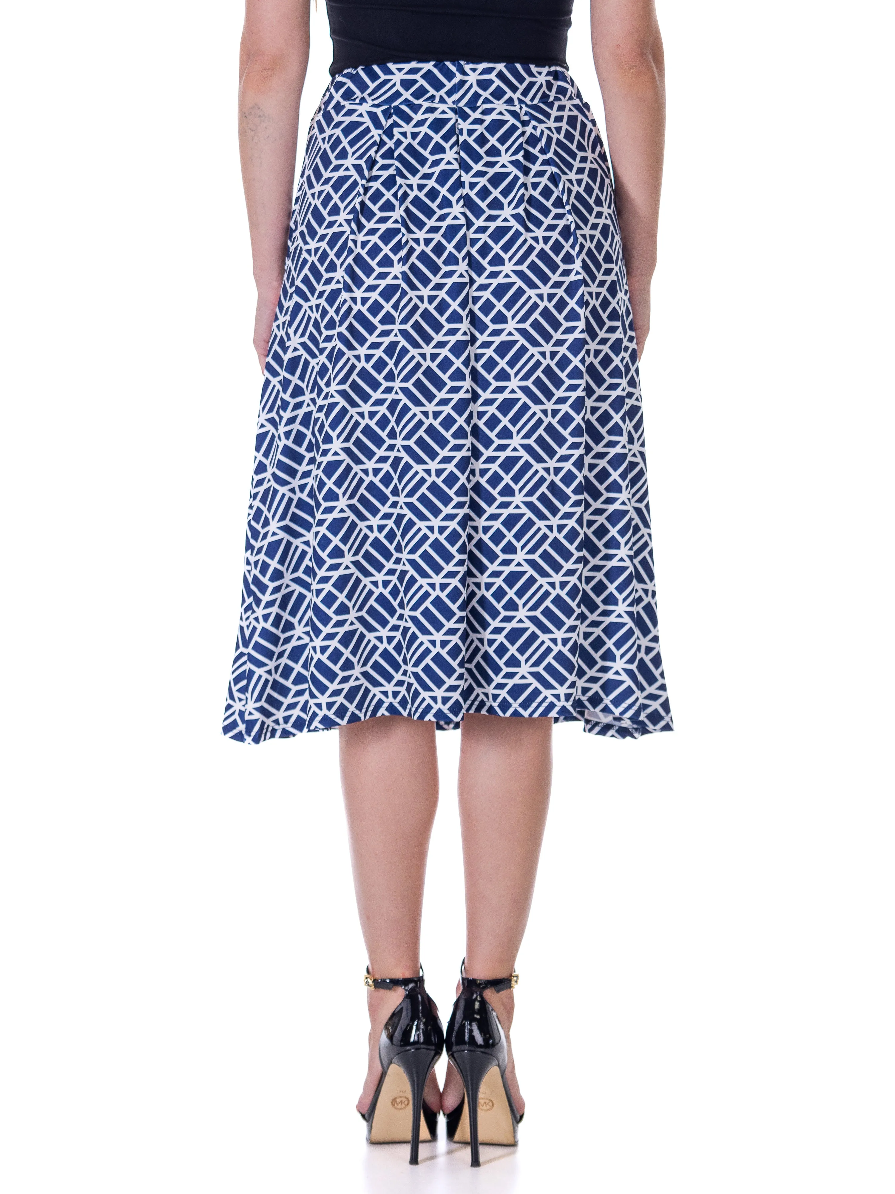 Navy Print Elastic Waist Pleated Knee Length Pocket Skirt