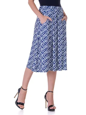 Navy Print Elastic Waist Pleated Knee Length Pocket Skirt