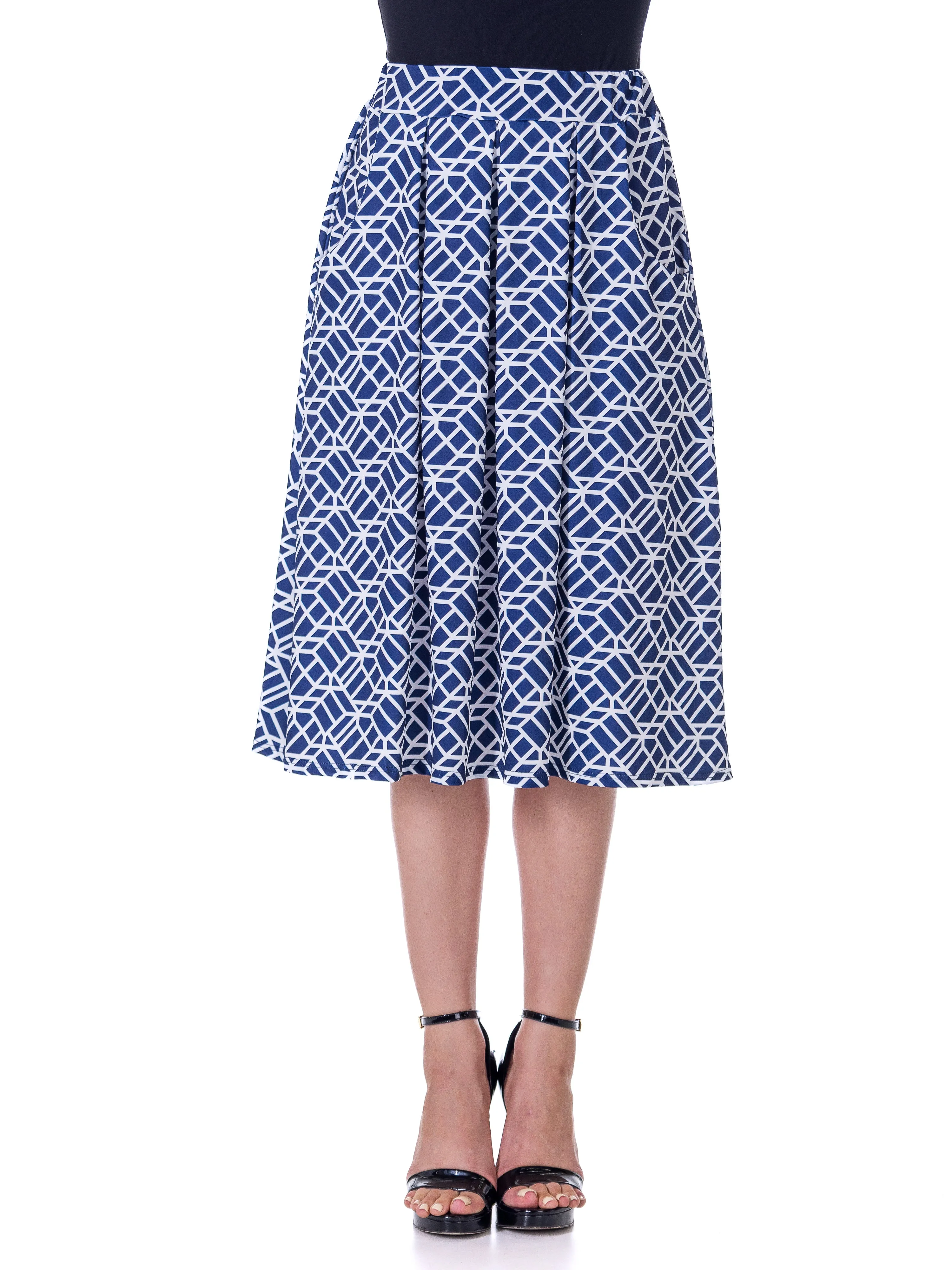 Navy Print Elastic Waist Pleated Knee Length Pocket Skirt