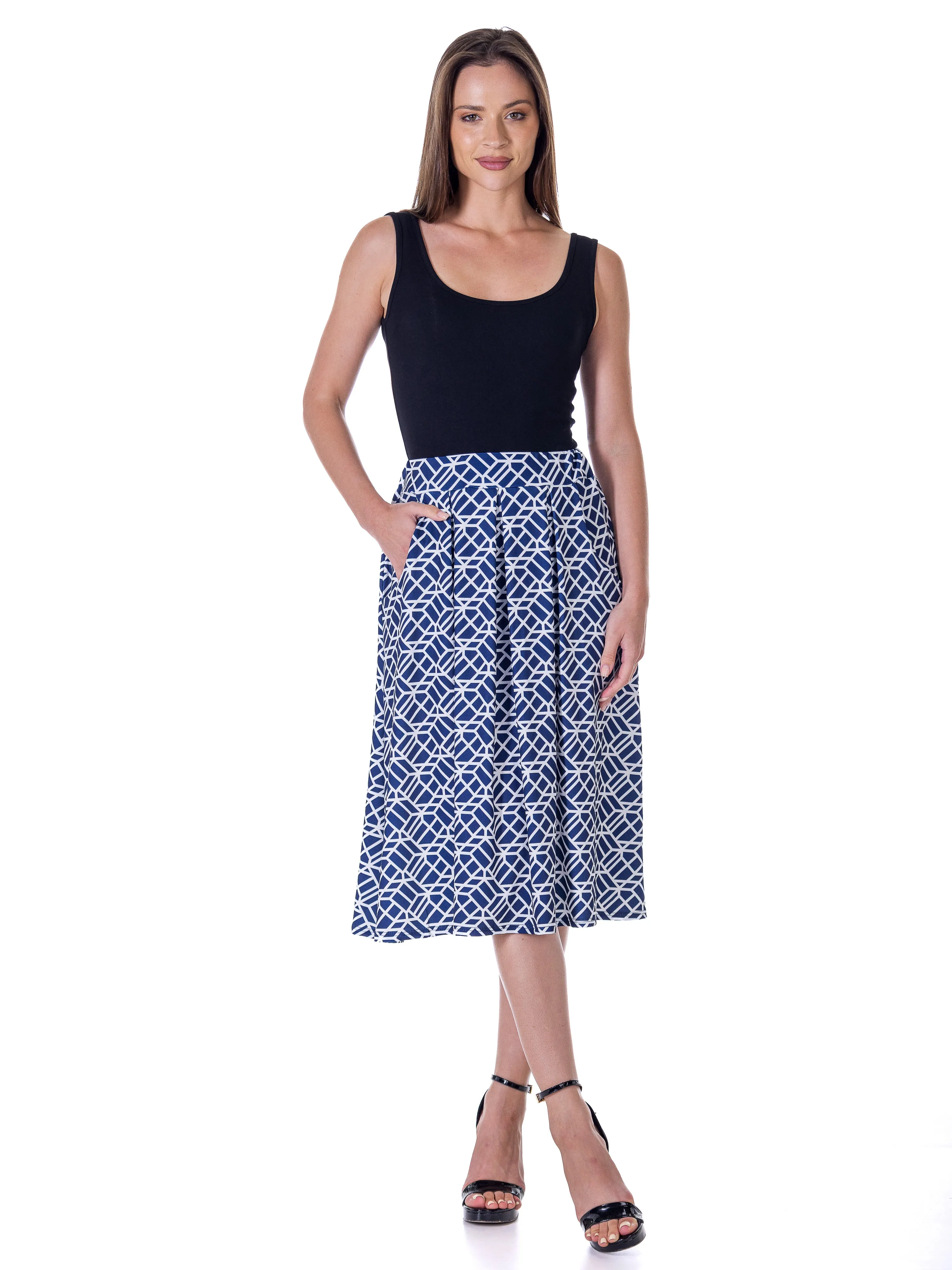 Navy Print Elastic Waist Pleated Knee Length Pocket Skirt