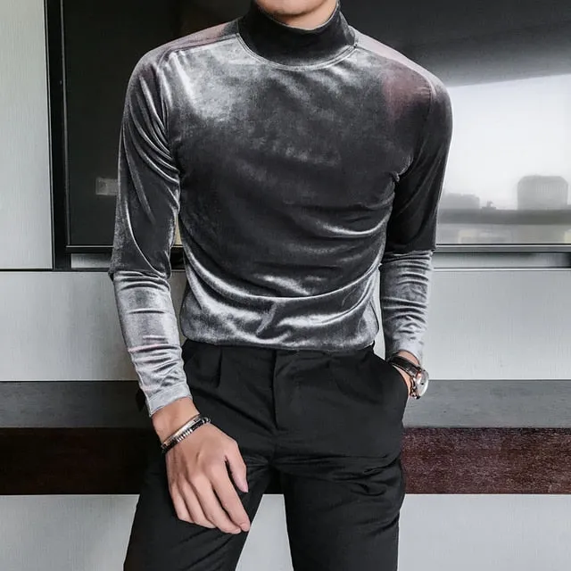 New Autumn Long Sleeve T Shirts Men Fashion Men Clothes Velvet Stretched Turtleneck Slim Fit All Match Solid Men T-Shirts