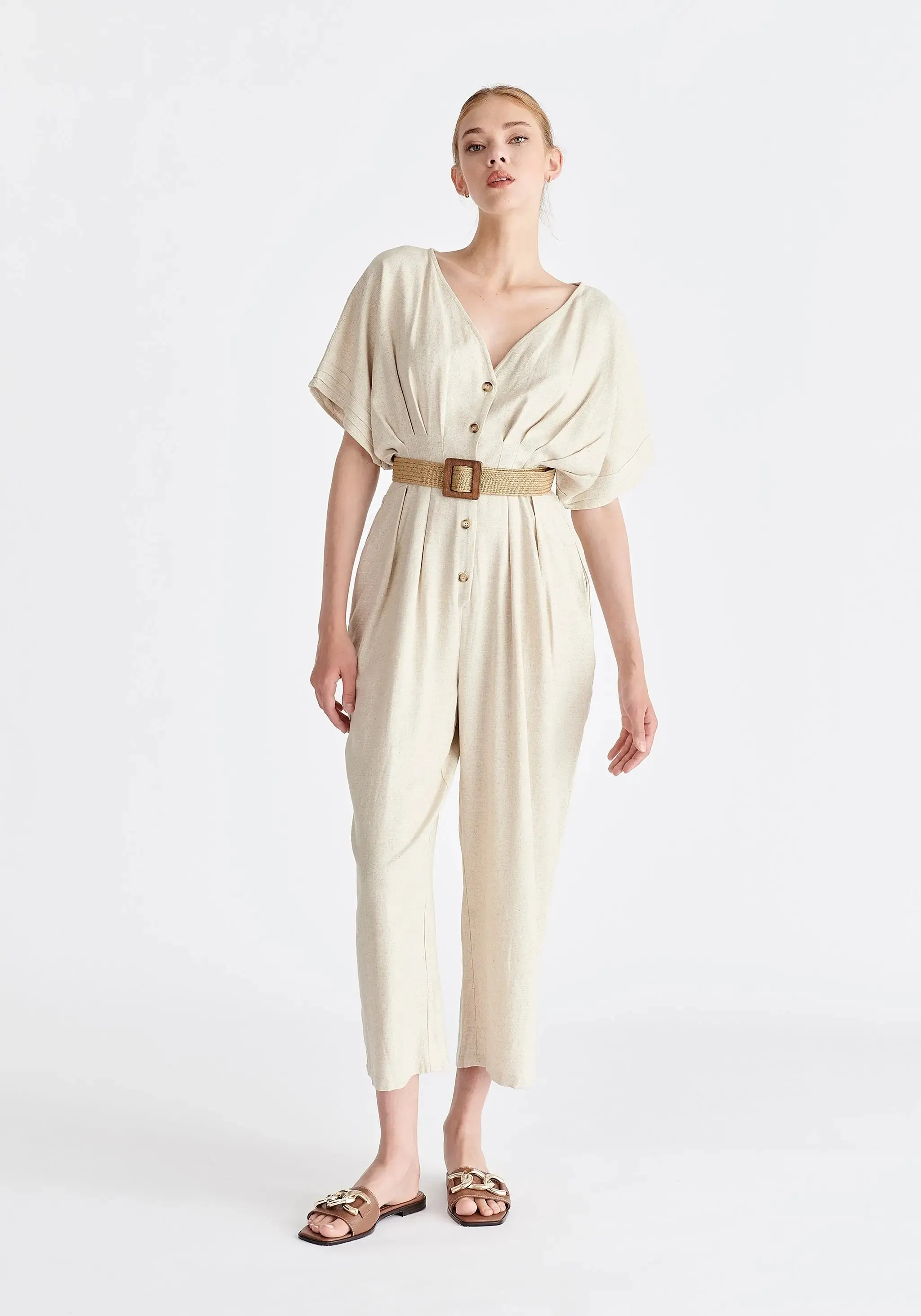 Oatmeal Linen Blend Button Jumpsuit