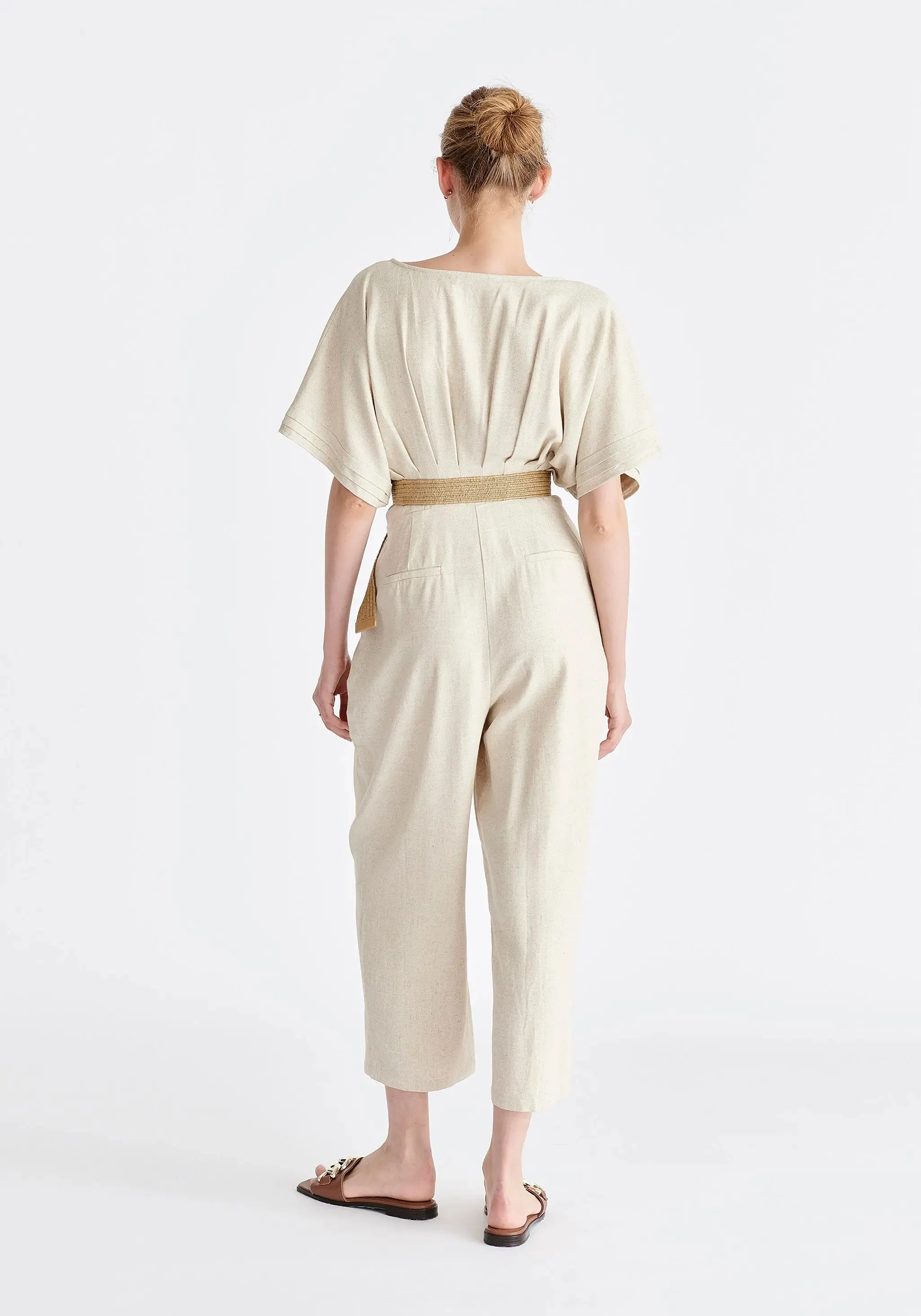 Oatmeal Linen Blend Button Jumpsuit