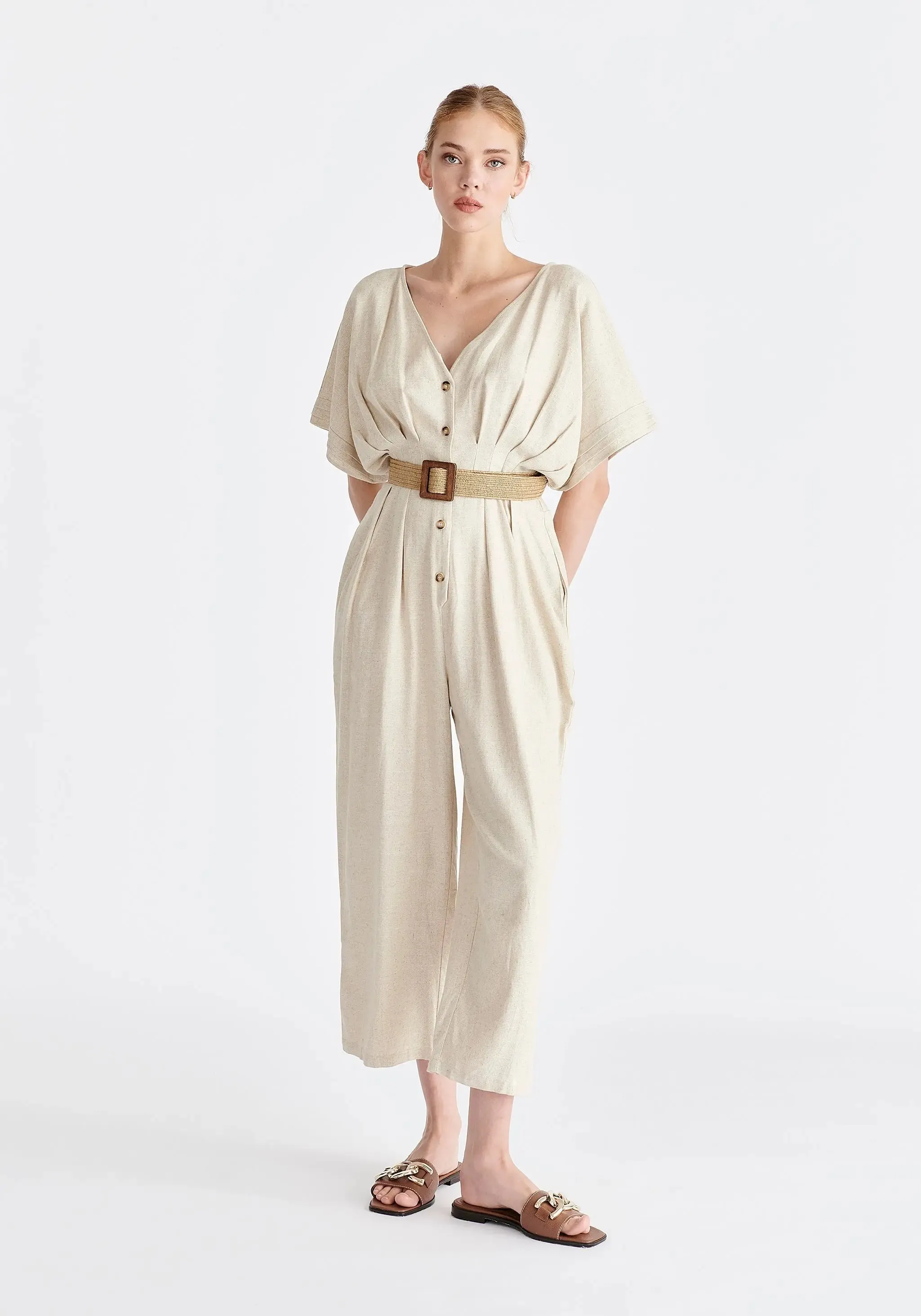 Oatmeal Linen Blend Button Jumpsuit