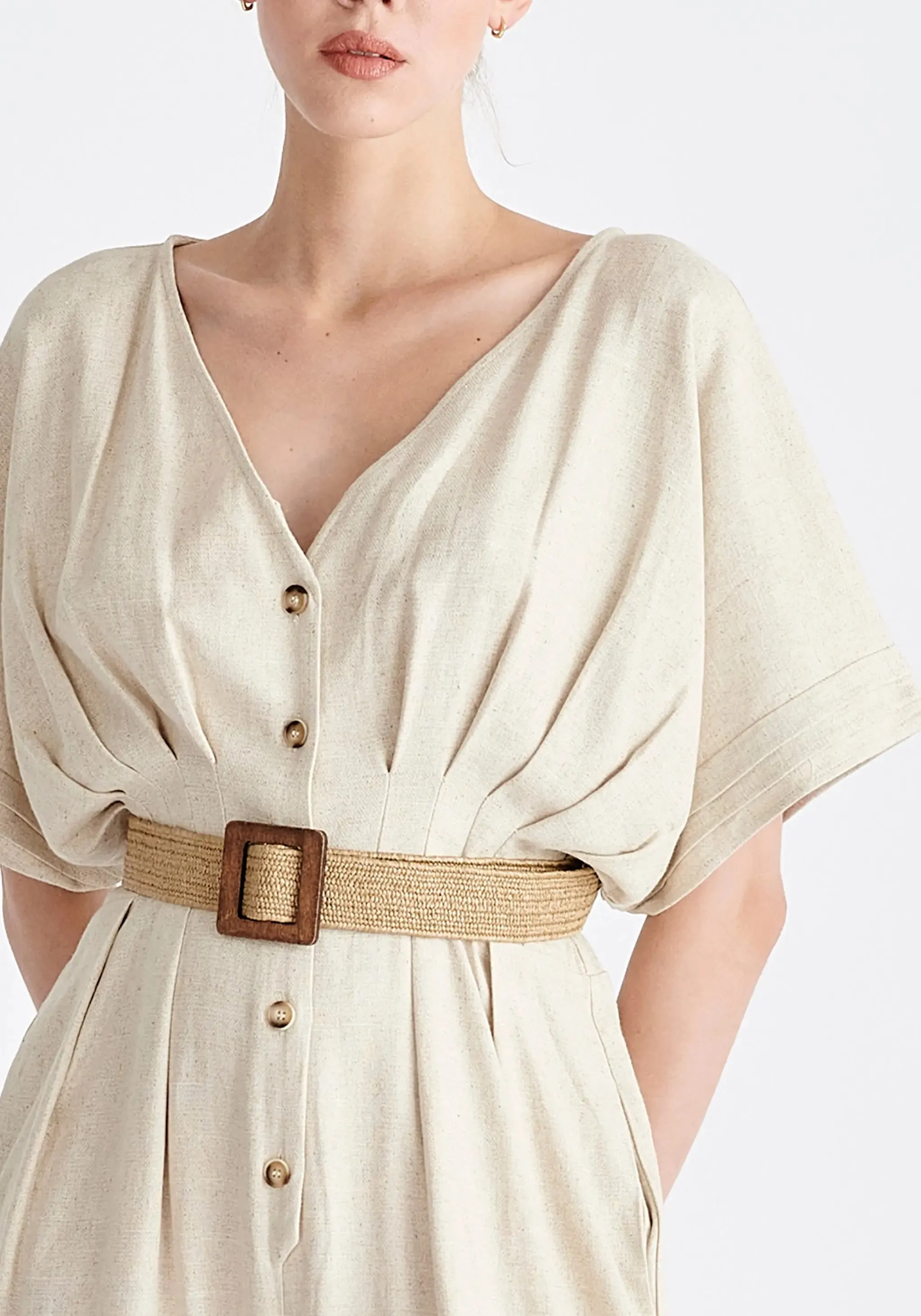 Oatmeal Linen Blend Button Jumpsuit