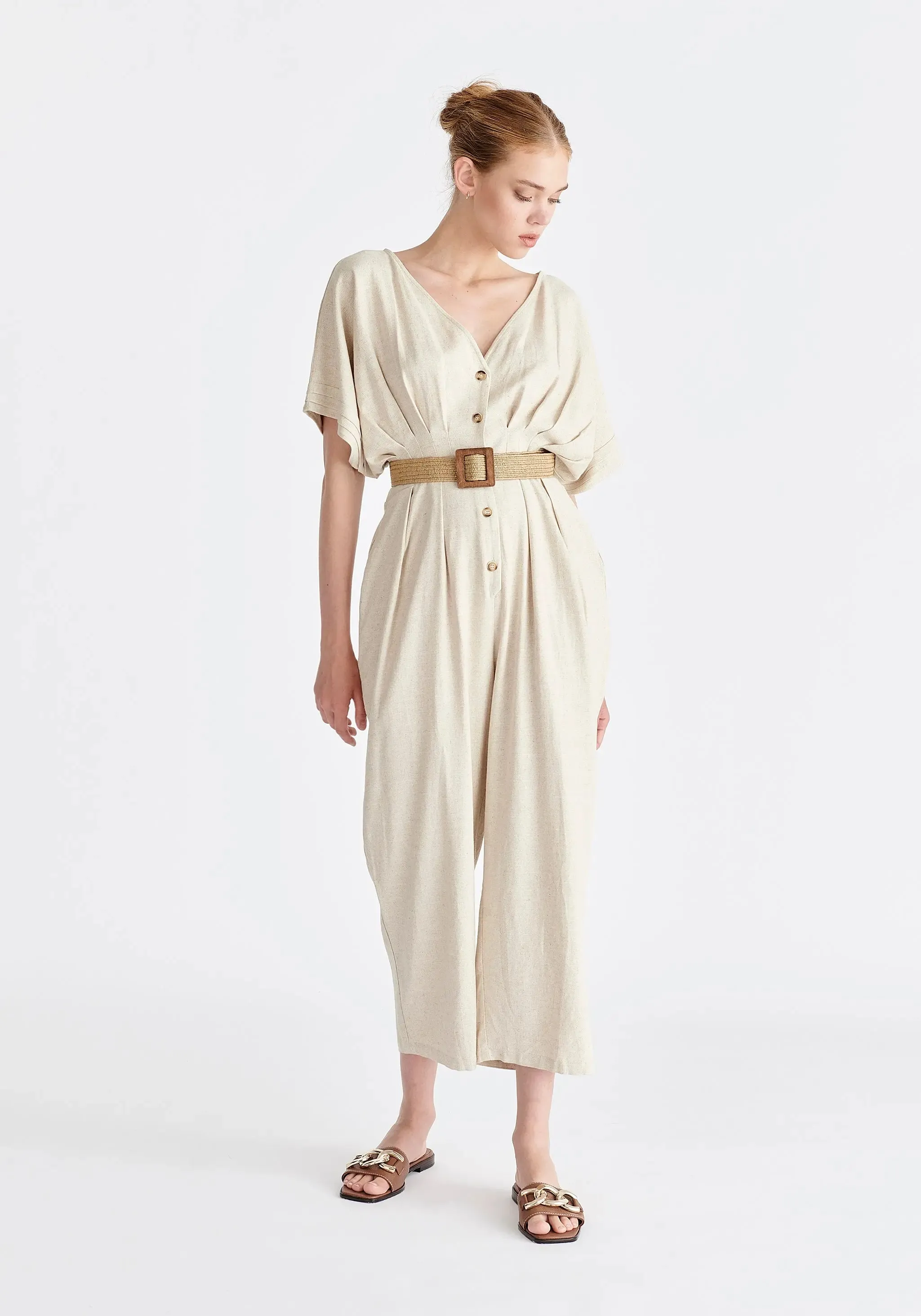 Oatmeal Linen Blend Button Jumpsuit