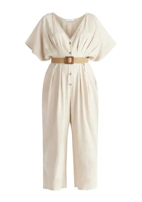 Oatmeal Linen Blend Button Jumpsuit