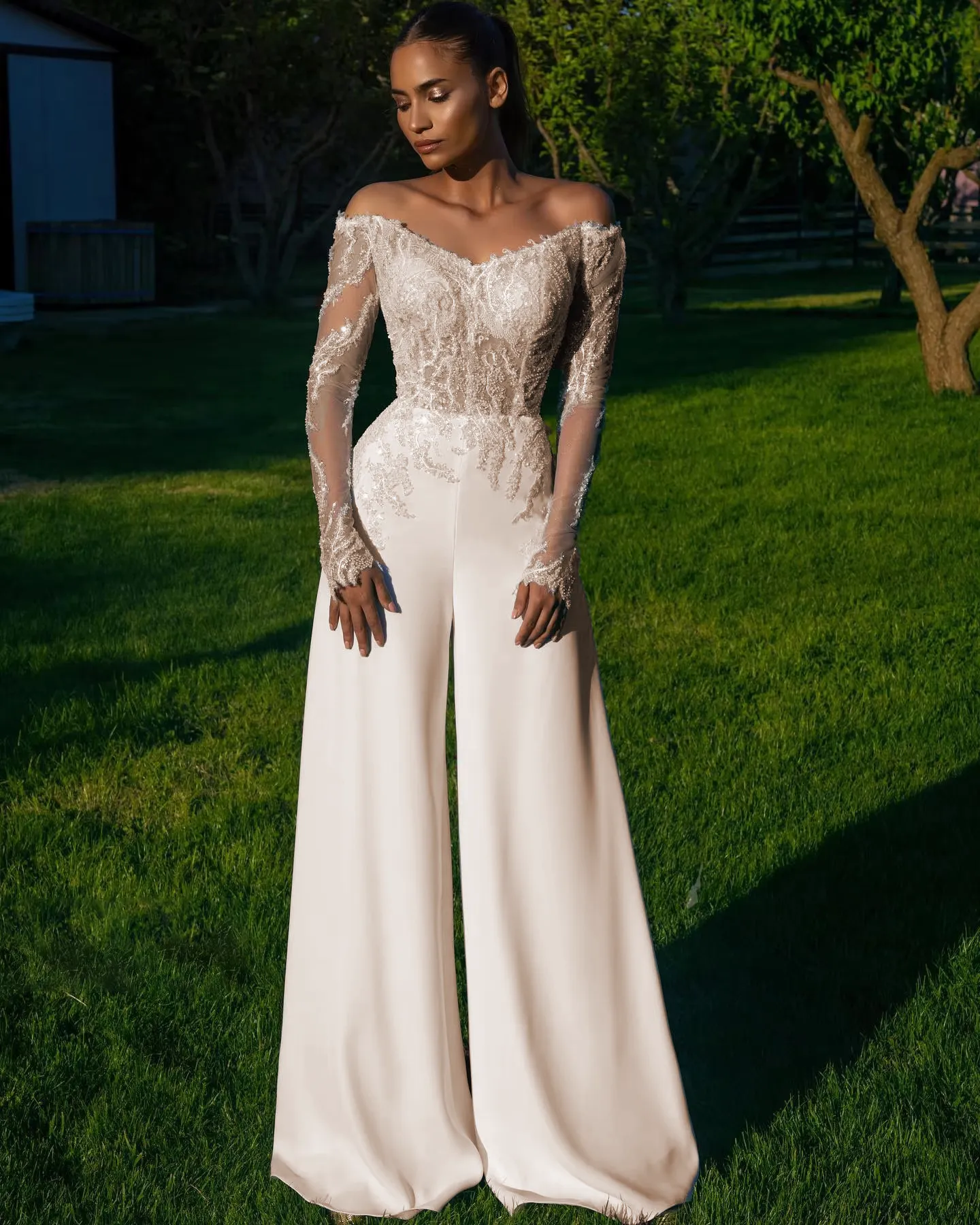 Off Shoulder Lace Applique Jumpsuit Wedding Dress with Long Sleeves