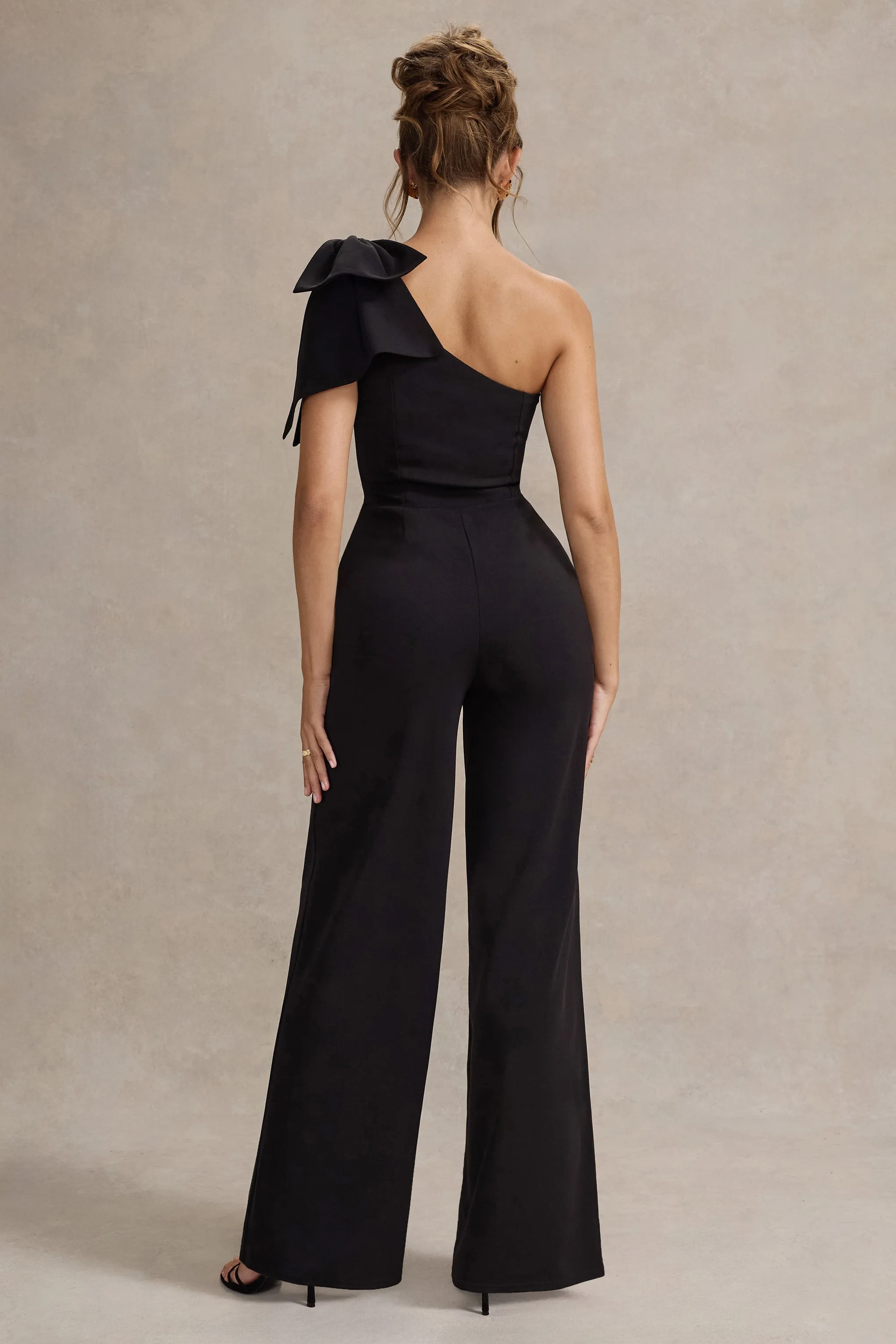 Orilla | Black One-Shoulder Wide-Leg Jumpsuit With Bow