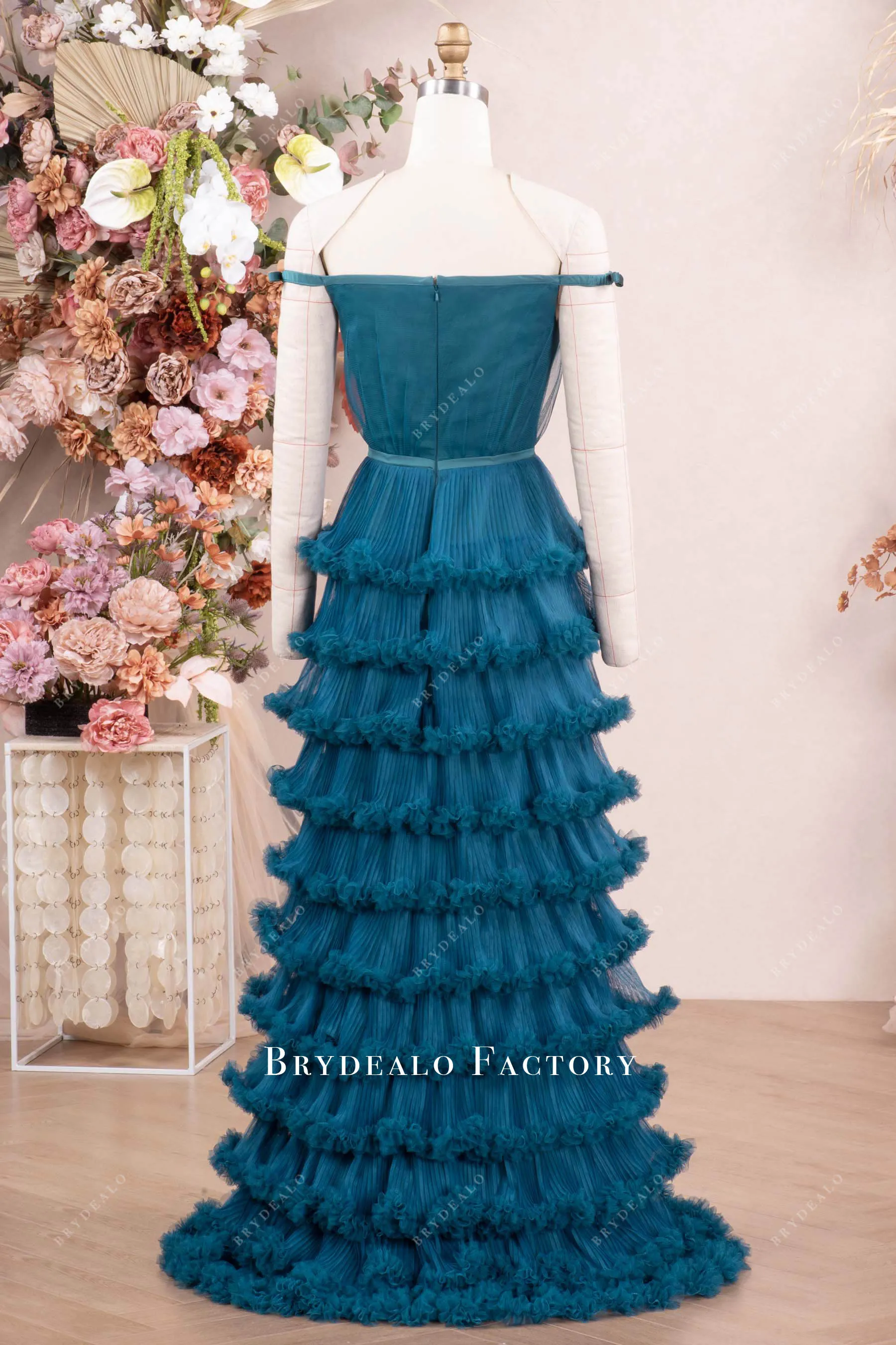 Peacock Off Shoulder Tiered Ruffle Evening Formal Dress