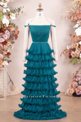 Peacock Off Shoulder Tiered Ruffle Evening Formal Dress