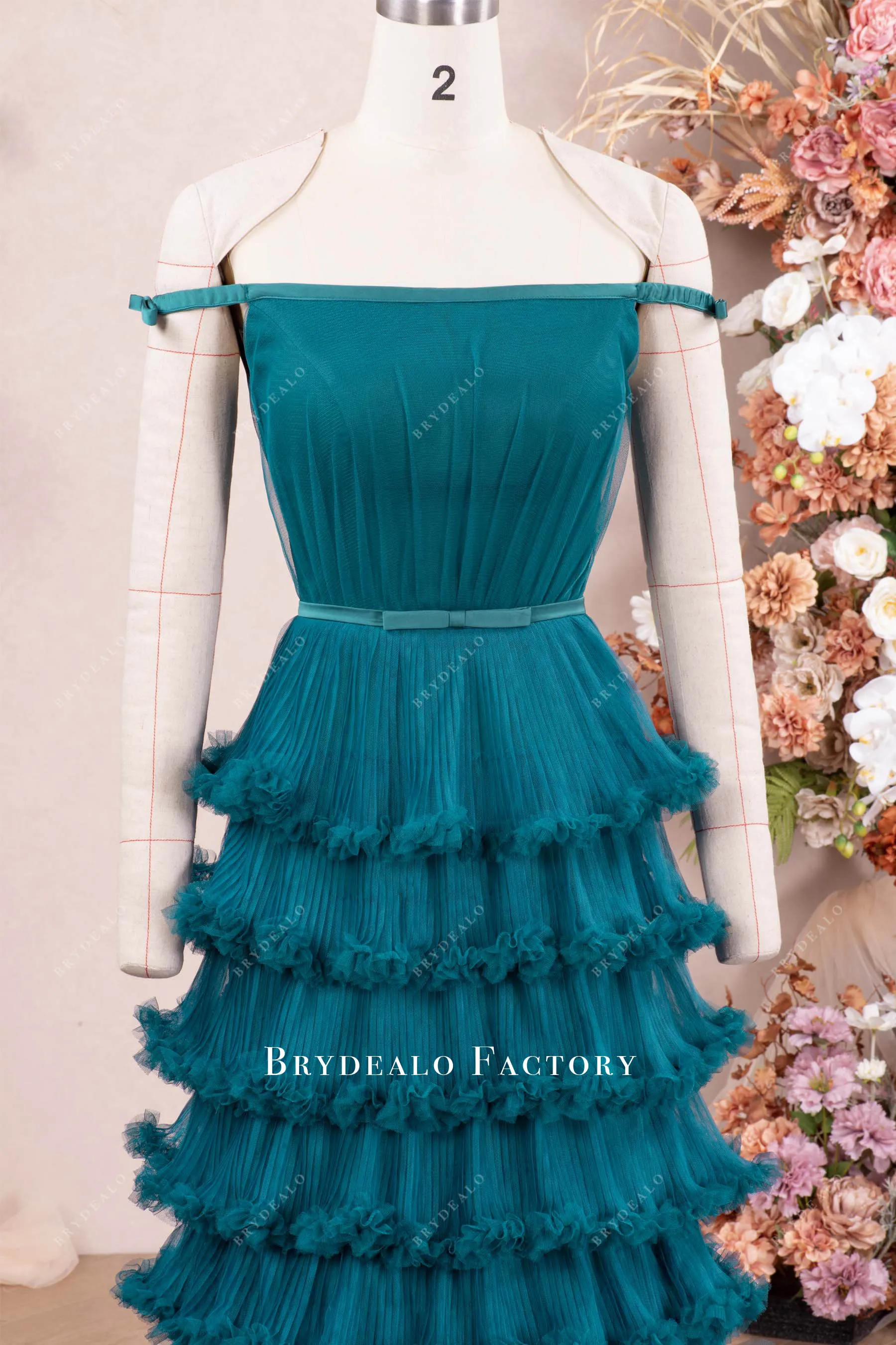 Peacock Off Shoulder Tiered Ruffle Evening Formal Dress