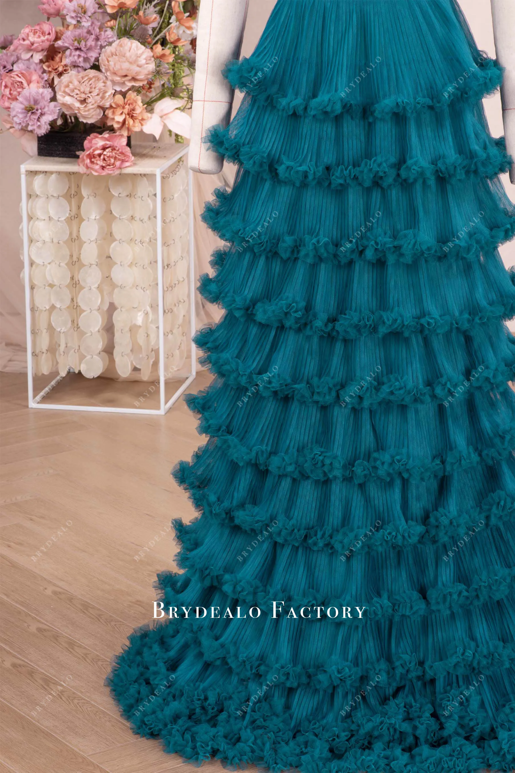 Peacock Off Shoulder Tiered Ruffle Evening Formal Dress