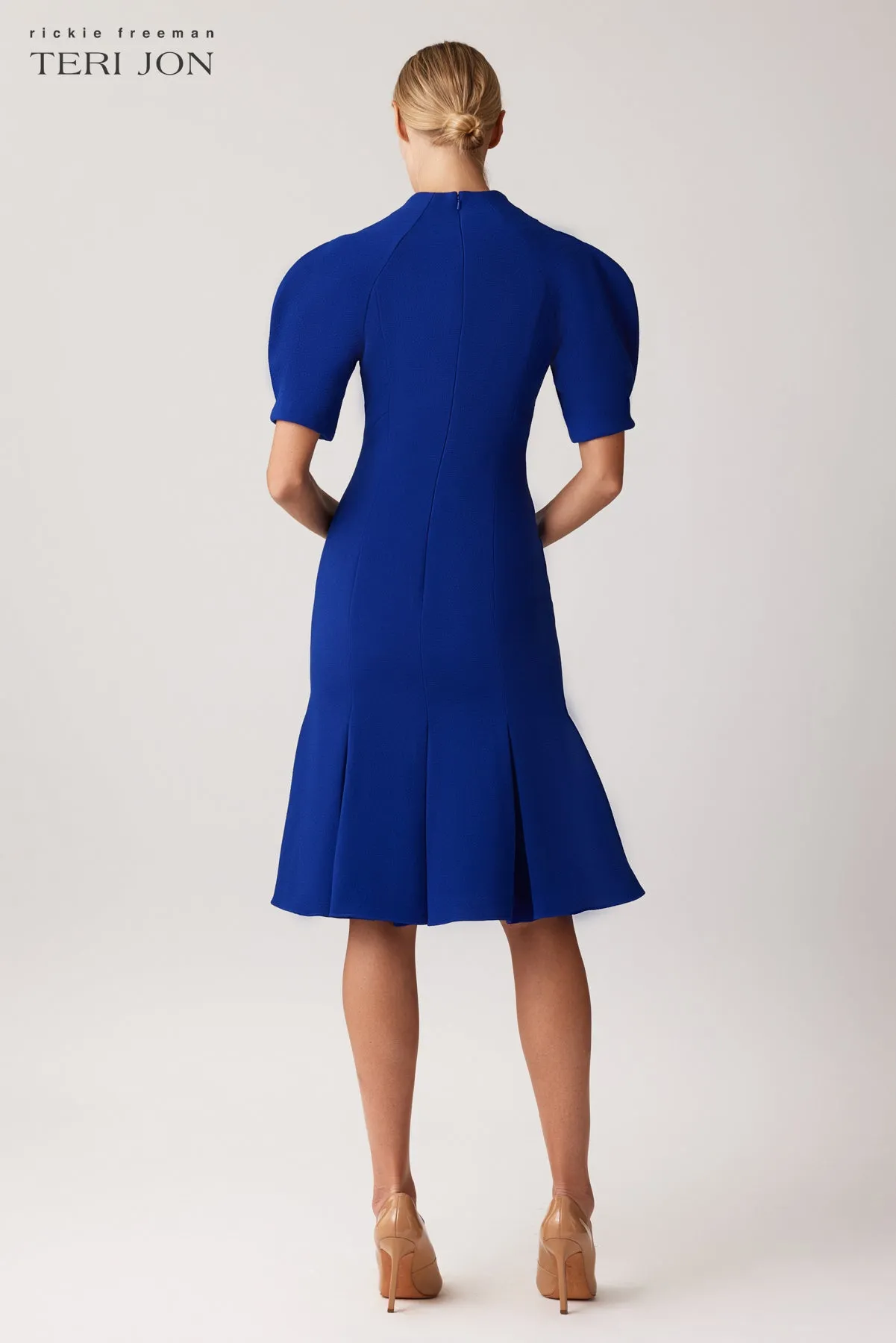 Pebble Stretch Crepe V-Neck Puff Sleeve Dress