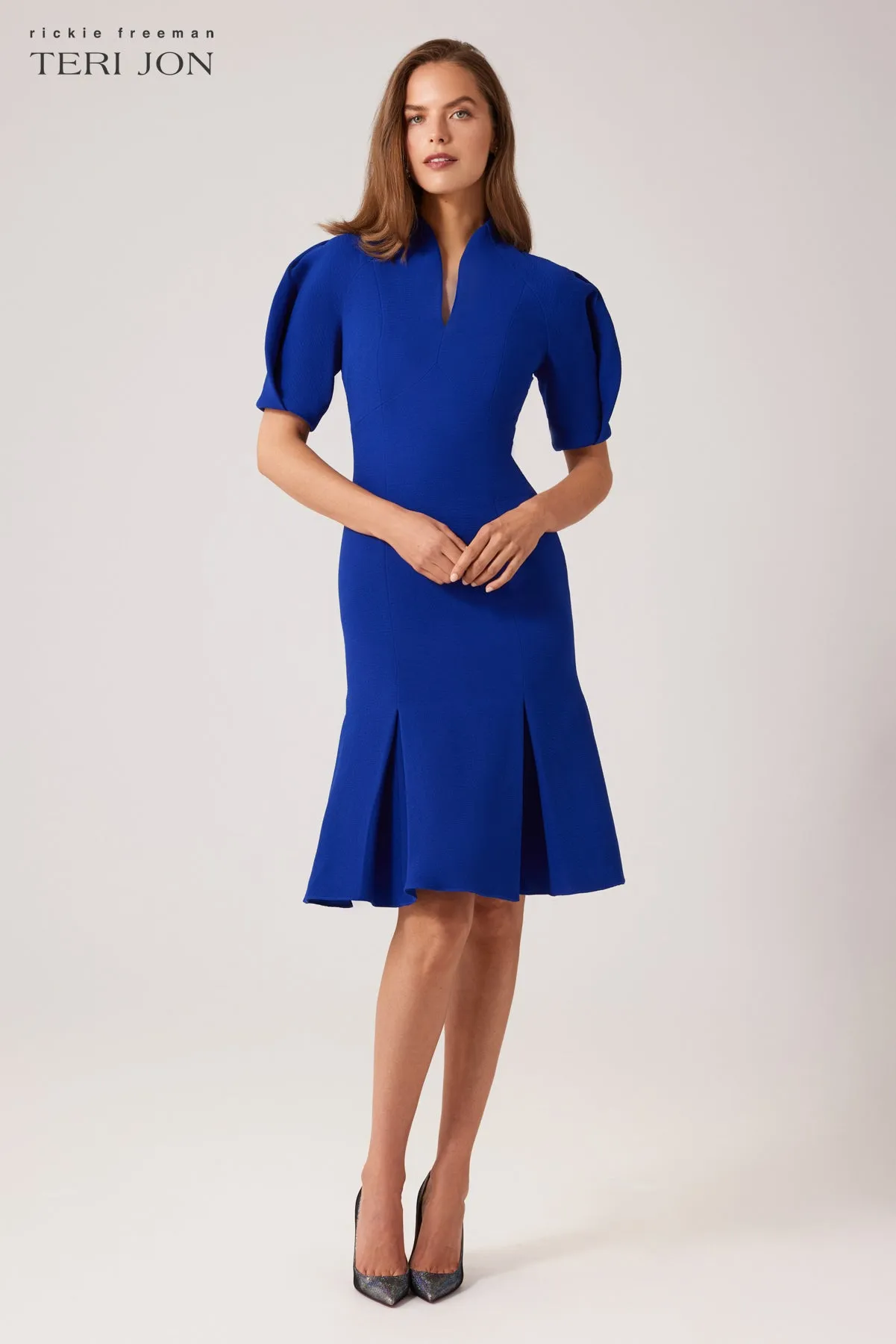 Pebble Stretch Crepe V-Neck Puff Sleeve Dress