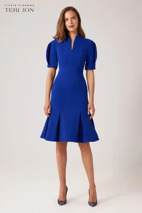 Pebble Stretch Crepe V-Neck Puff Sleeve Dress