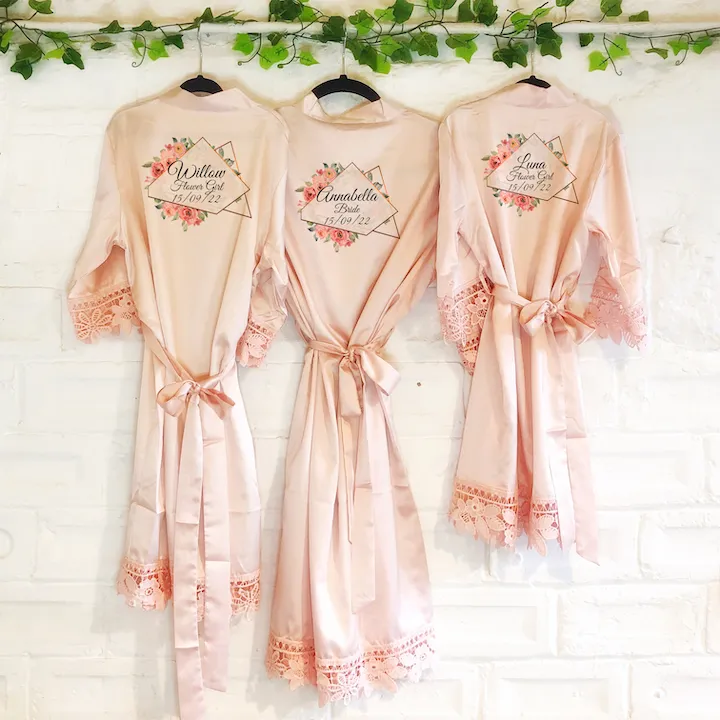 Pink Floral Triangular Geometric Lace Wedding Dressing Robe