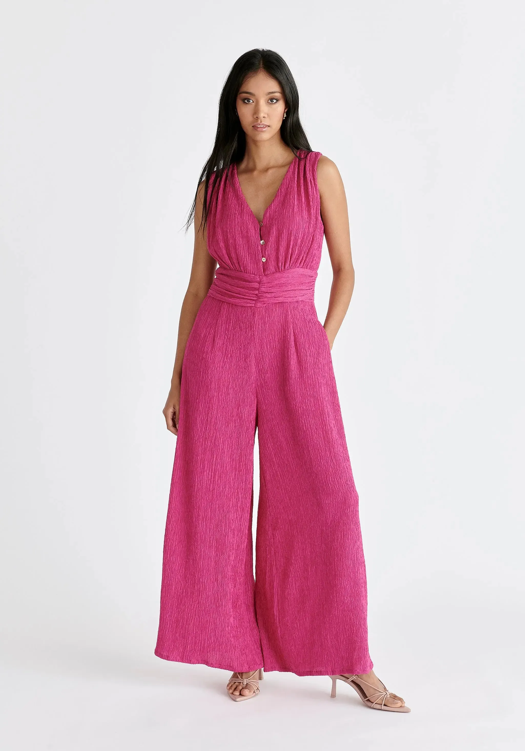 Pink Textured Back-Tie Jumpsuit