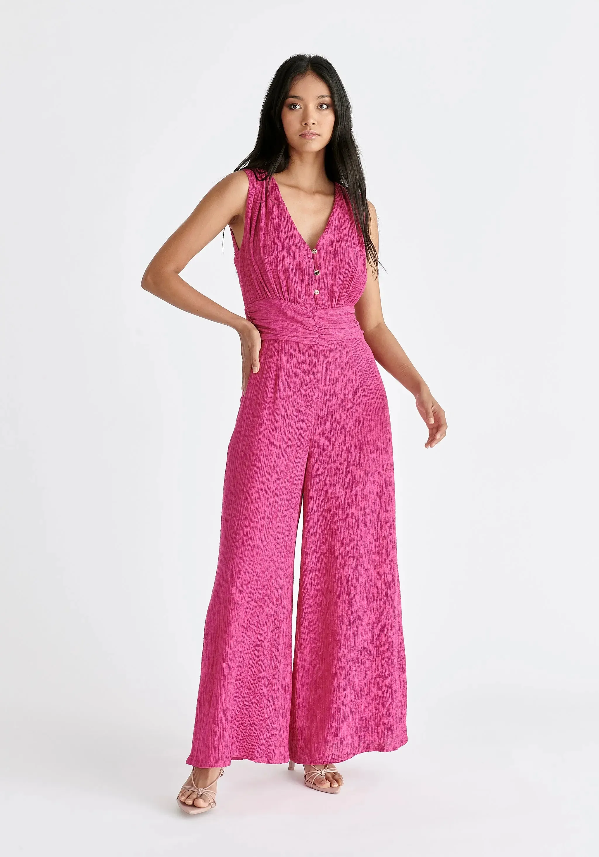 Pink Textured Back-Tie Jumpsuit