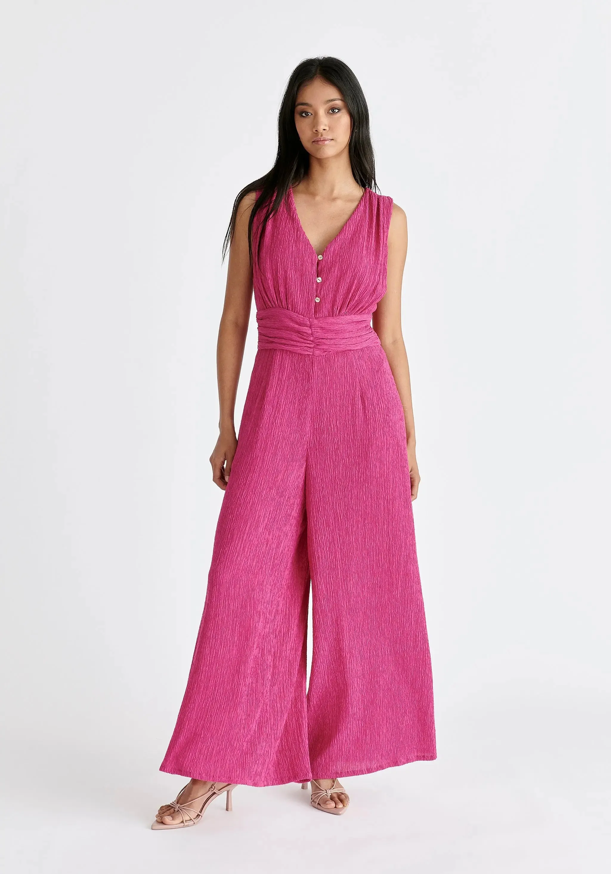 Pink Textured Back-Tie Jumpsuit