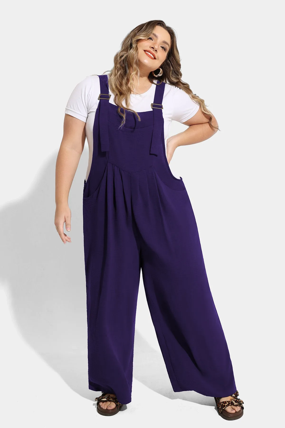 Plain Wide Leg Overalls Jumpsuit with Pockets