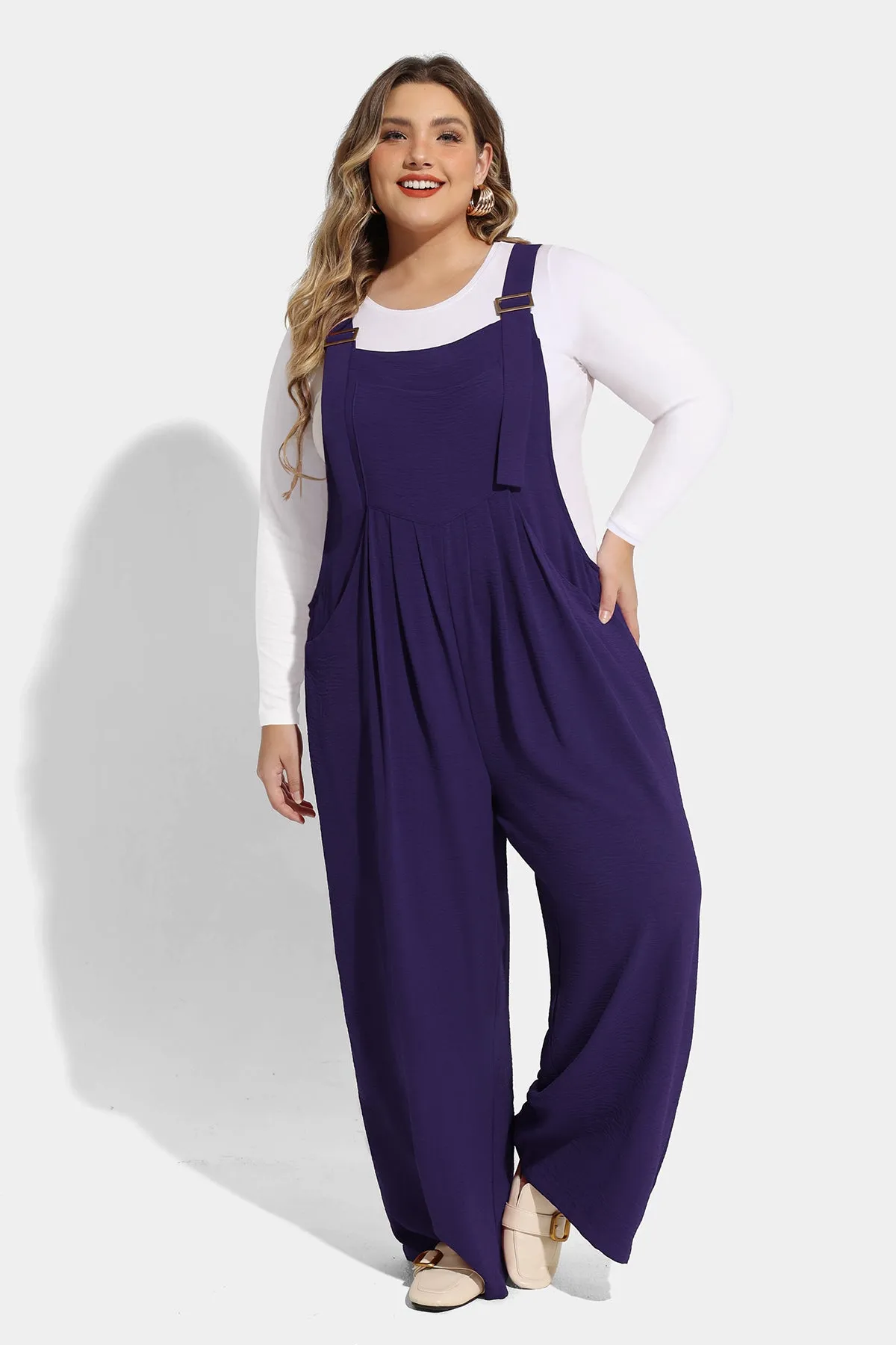 Plain Wide Leg Overalls Jumpsuit with Pockets