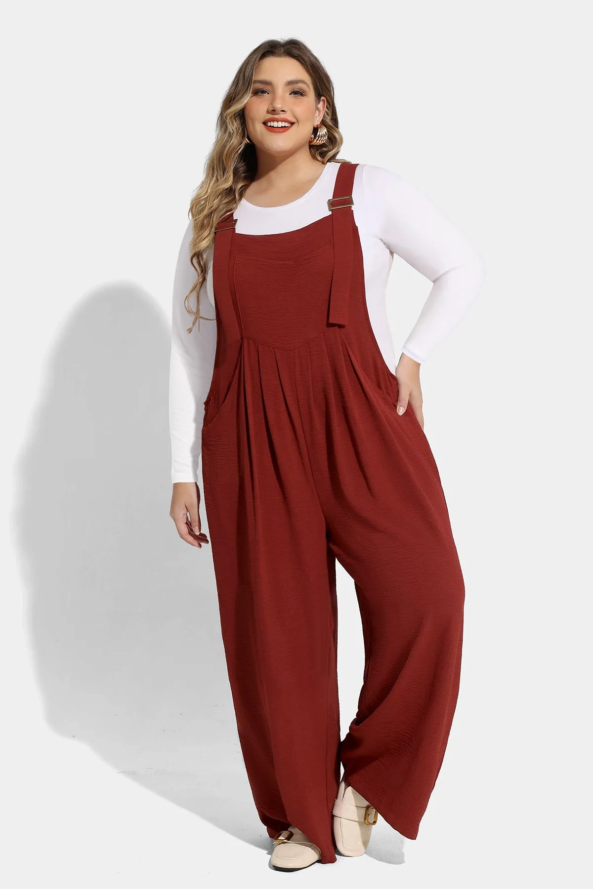 Plain Wide Leg Overalls Jumpsuit with Pockets