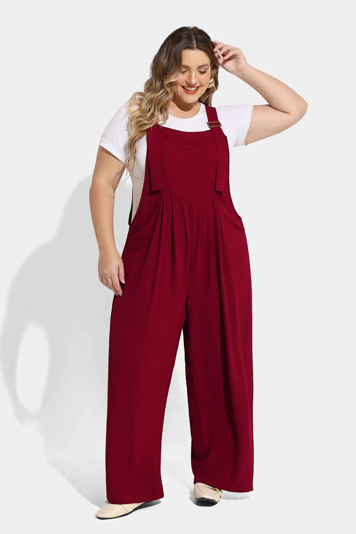 Plain Wide Leg Overalls Jumpsuit with Pockets