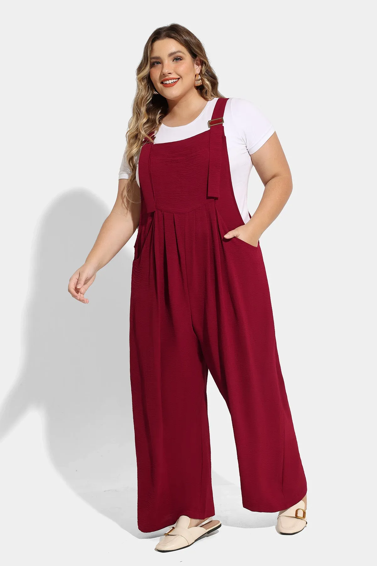 Plain Wide Leg Overalls Jumpsuit with Pockets