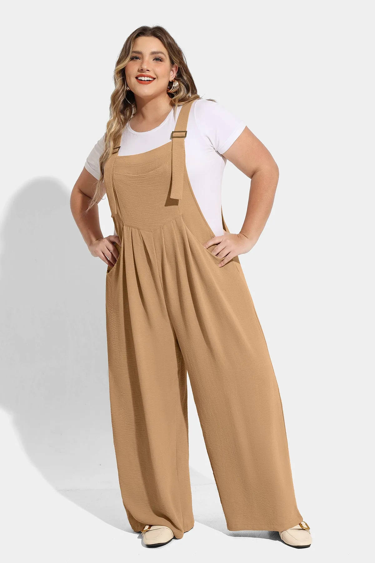 Plain Wide Leg Overalls Jumpsuit with Pockets