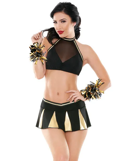 Play Crowd Pleaser Halter Mesh & Micro Top, Pleated Skirt & Pom Poms Black-gold S-m