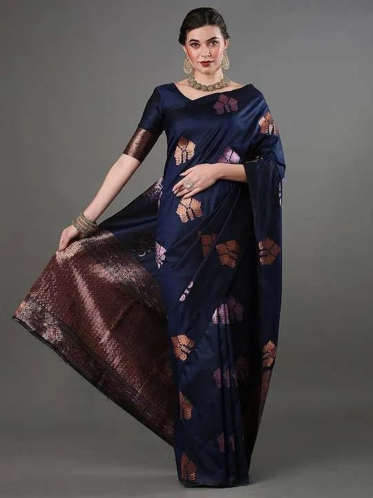 Pleasurable Navy Blue Soft Silk Saree With Woebegone Blouse Piece