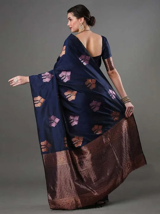 Pleasurable Navy Blue Soft Silk Saree With Woebegone Blouse Piece