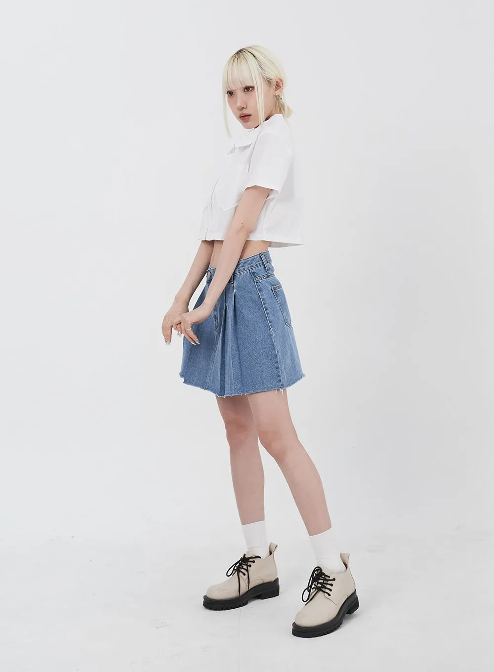 Pleated Denim Mini Skirt IU313