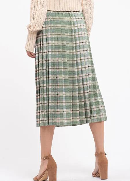 Pleated Green Plaid Midi Skirt