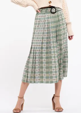 Pleated Green Plaid Midi Skirt